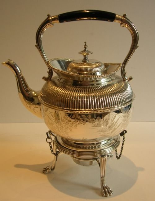 Antique English Fern Decorated Silver Plated Spirit Kettle C.1880