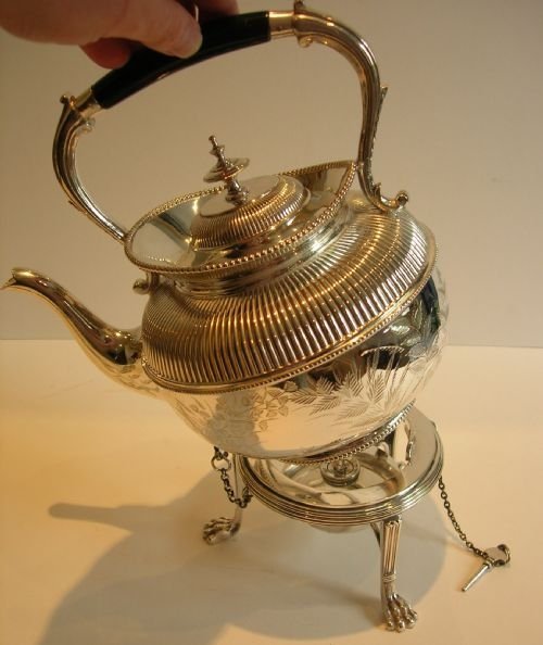 fig 2. Antique English Fern Decorated Silver Plated Spirit Kettle c.1880