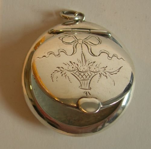 English Sterling Silver Compact / Pill Box with Mirror - Engraved with Basket of Flowers