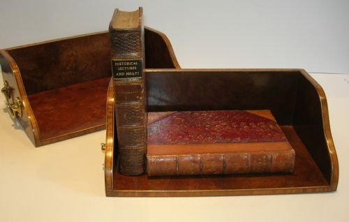 Pair English Edwardian Book Carriers C.1900; Walnut with Satinwood Cross-banding