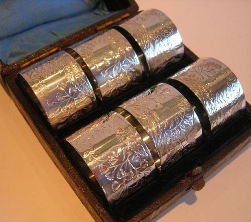 English Victorian Set Six Fern Engraved Napkin Rings in Silverplate C.1860