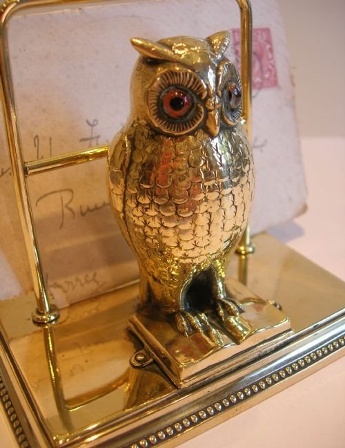 Chaming Victorian Brass Letter Rack / Holder - Figural Owl with Glass Eyes
