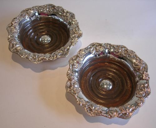 Pair Large Ornate Antique English Silver Plated Wine Coasters C.1860