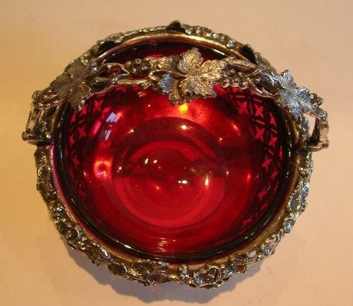 fig 1. Wonderful Antique English Britannia Basket With Cranberry Glass Liner