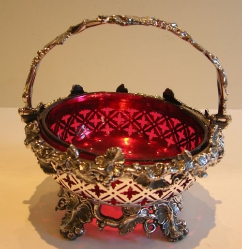 Wonderful Antique English Britannia Basket with Cranberry Glass Liner