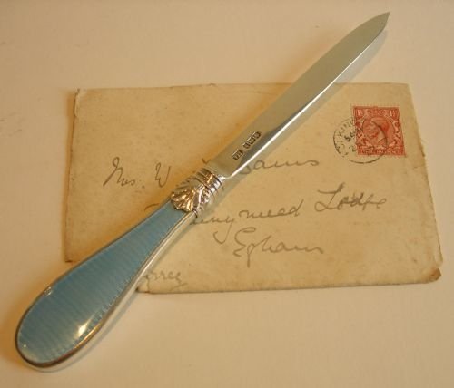 Antique English Sterling Silver & Blue Guilloche Enamel Letter Opener