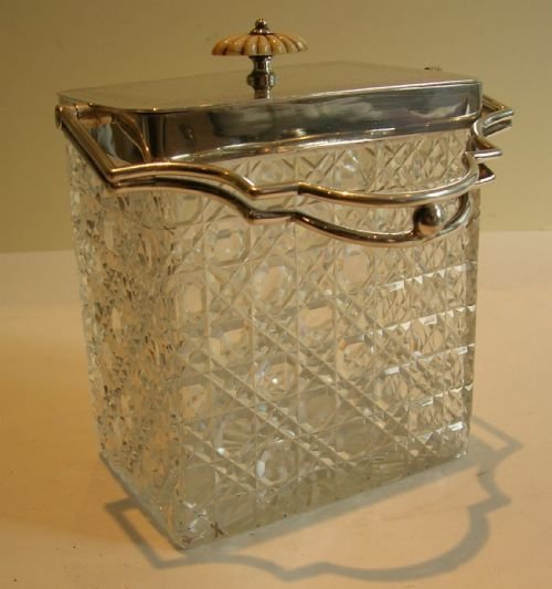 Unusual & Top Quality Cut Crystal & Silver Plate Biscuit Box - Carved Ivory Knob