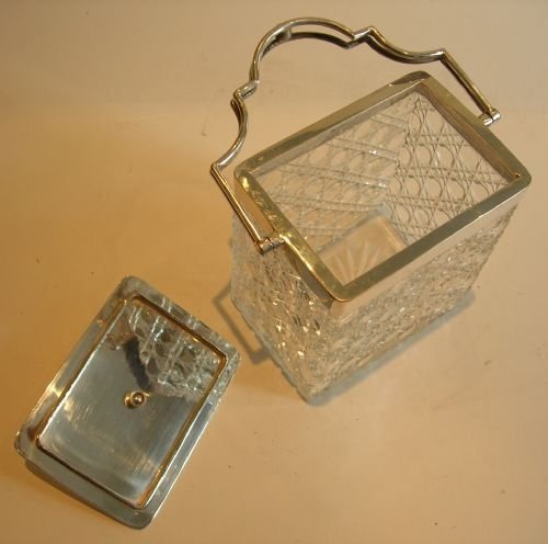 fig 1. Unusual & Top Quality Cut Crystal & Silver Plate Biscuit Box - Carved Ivory Knob