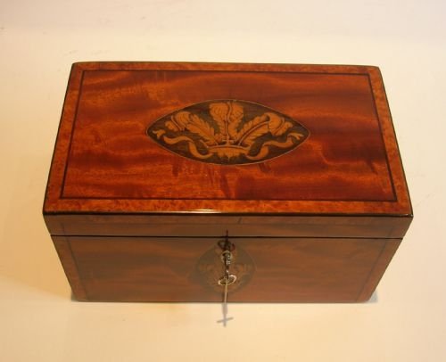 Magnificent English Georgian Mahogany & Amboyna Tea Caddy - Prince of Wales Feather Inlay