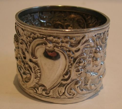 Large Antique English Sterling Silver Napkin Ring - Cherubs - 1898