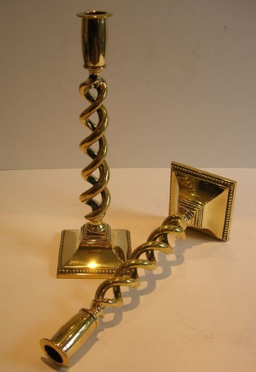 Heavy Antique English Brass Open Barley Twist Candlesticks C.1900