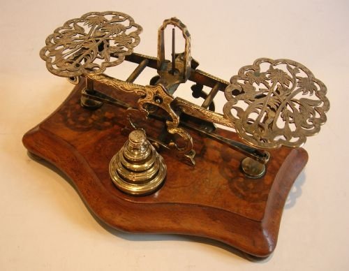Stunning Antique English Burl Walnut & Brass Postal / Letter Scales Signed Mordan, London