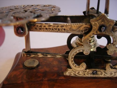 fig 1. Stunning Antique English Burl Walnut & Brass Postal / Letter Scales Signed Mordan, London