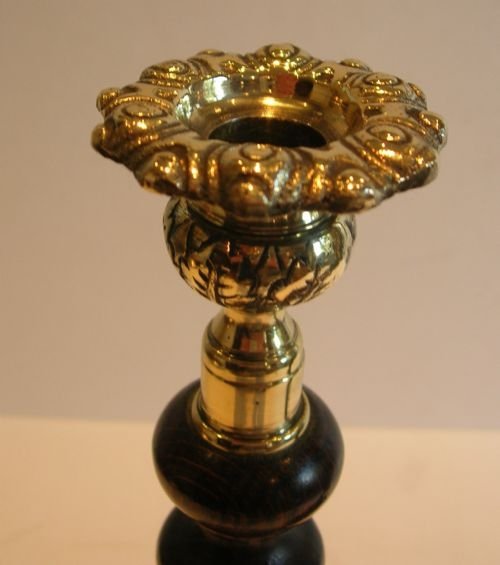 fig 1. Pair Antique English Oak Open Barley Twist Candlesticks - Brass Thistle Tops