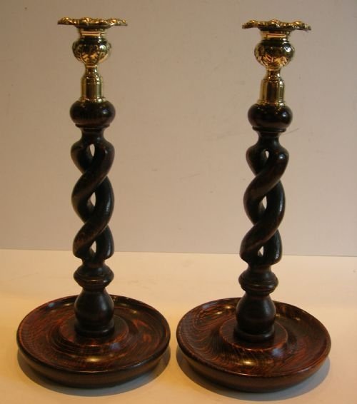 Pair Antique English Oak Open Barley Twist Candlesticks - Brass Thistle Tops