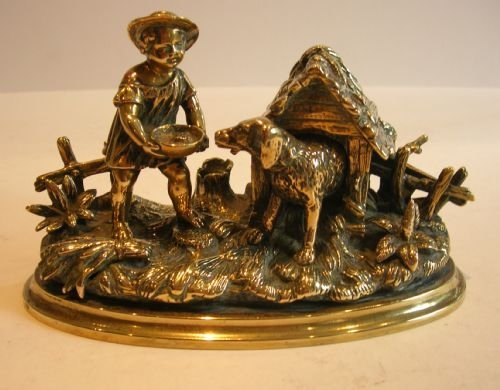 Adorable Antique English Bronze Figural Inkwell - Child & Dog C.1860