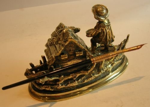 fig 1. Adorable Antique English Bronze Figural Inkwell - Child & Dog c.1860