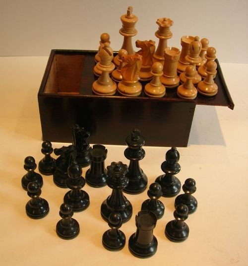 Antique Boxed Boxwood & Ebony Carved Staunton Style Chess Set
