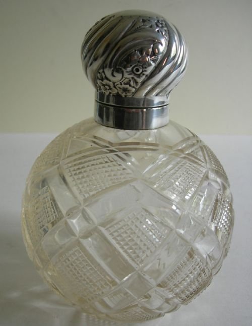 Large Antique English Cut Crystal & Sterling Silver Perfume Bottle / Globe