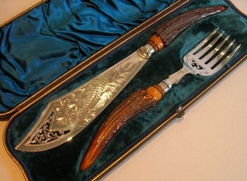 Boxed Antique English Fish Serving Set - Horn Handles C.1890