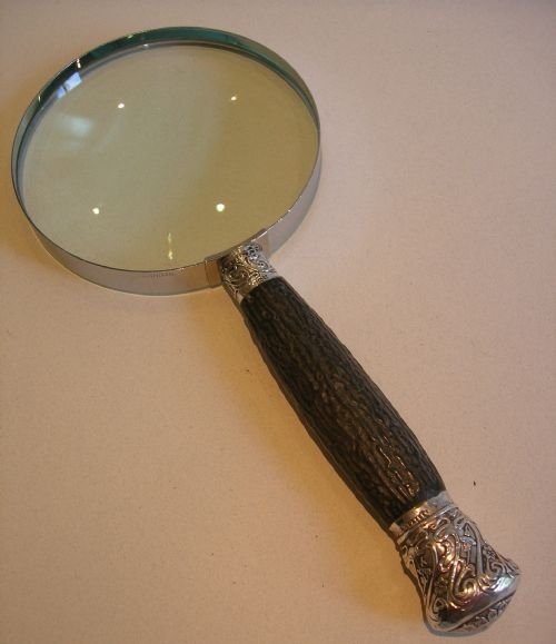 Huge Antler Horn Handled Magnifying Glass - English Art Nouveau Sterling Silver Fittings