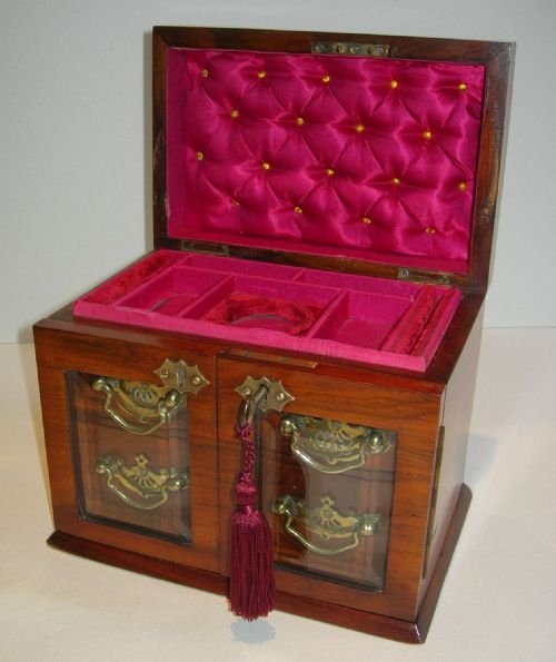 Antique English Walnut Jewelry Box - Bevelled Glass Doors