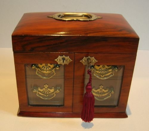 fig 1. Antique English Walnut Jewelry Box - Bevelled Glass Doors