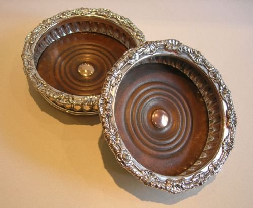 Decorative Pair Antique English Sheffield Silver Plated Coasters C.1880