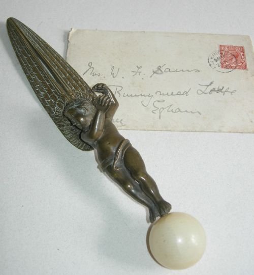 Antique Bronze & Marble Figural Letter Opener C.1860 - Cherub or Angel