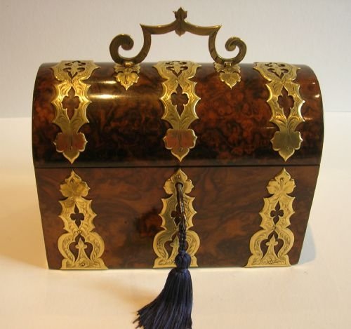 Stunning Burr Walnut Dome Topped Stationery Box - Brass Bound C.1850