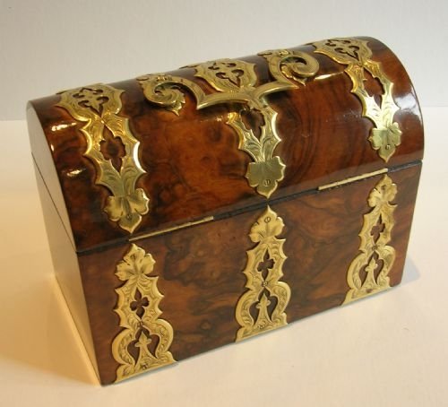 fig 1. Stunning Burr Walnut Dome Topped Stationery Box - Brass Bound c.1850
