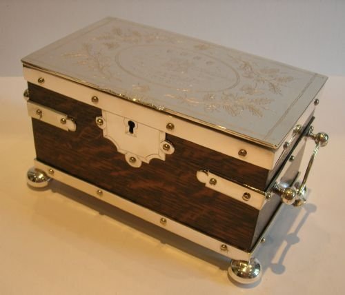 English Victorian Oak & Silver Plated Double Tea Caddy - Cambridge University