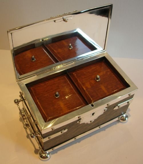 fig 1. English Victorian Oak & Silver Plated Double Tea Caddy - Cambridge University