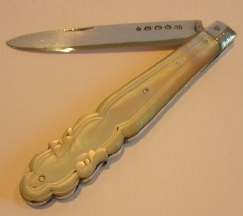Large Antique Sterling Silver & Mother of Pearl Fruit or Penknife by George Unite