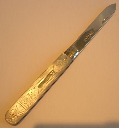 Antique Engraved Mother of Pearl & Sterling Silver Fruit Knife