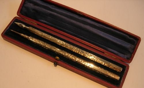 Antique English Sterling Silver Dip Pen & Propelling Pencil Set - Original Box