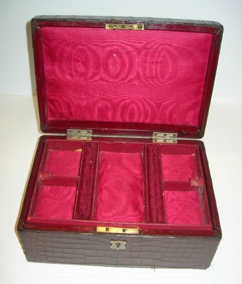 fig 1. Large Antique English Crocodile Clad Jewelry Box c.1890 - Three Layers