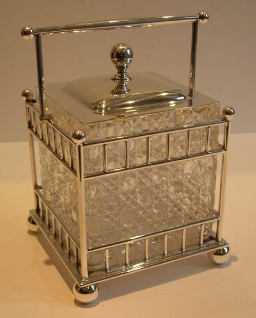 Antique English Cut Crystal & Silver Plate Biscuit Box C.1860