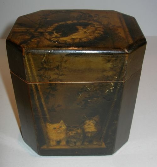 Antique English Arts & Crafts Hand Painted Singe Tea Caddy - Cats