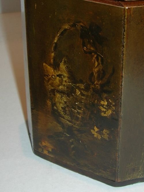 fig 1. Antique English Arts & Crafts Hand Painted Singe Tea Caddy - Cats