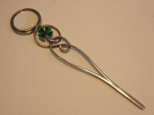 fig 1. Victorian English Sterling Silver Letter Opener With Magnifying Glass - Enamel Shamrock
