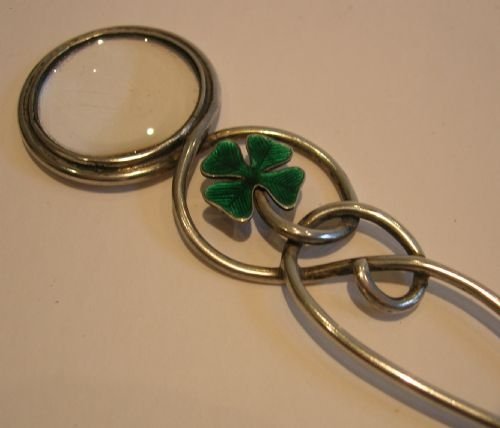Victorian English Sterling Silver Letter Opener with Magnifying Glass - Enamel Shamrock