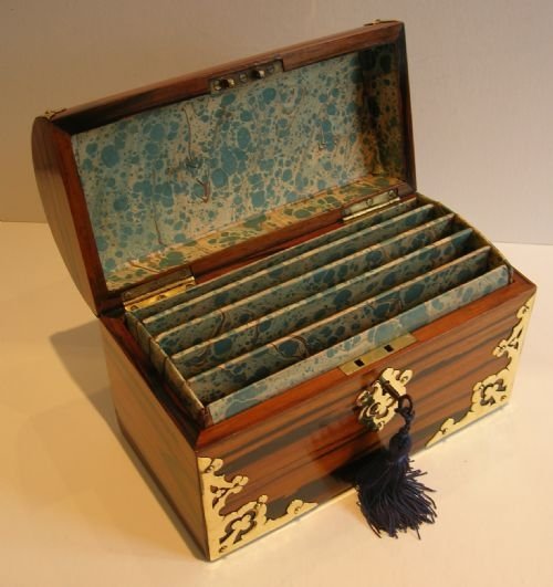 fig 1. Antique English Zebrano Stationery Box With Polished Brass Mounts
