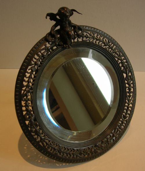 Antique English Cast Bronze Mirror - Cherub or Putti Figure C.1860