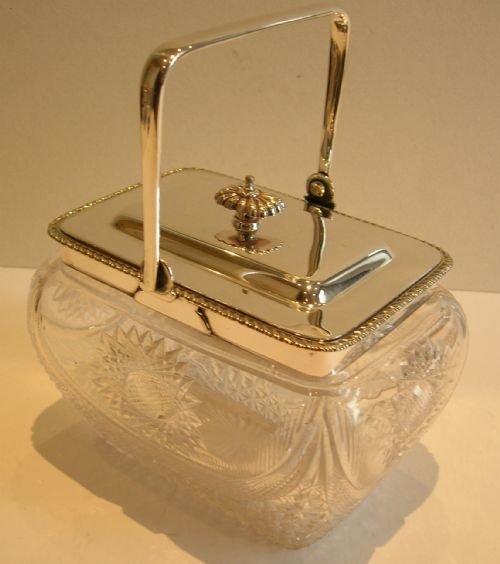 Antique English Cut Crystal & Silver Plated Biscuit Box by William Hutton C.1870