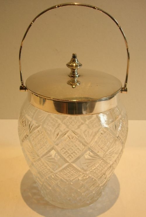 Antique English Cut Crystal & Silver Plate Biscuit Barrel or Box by Elkington