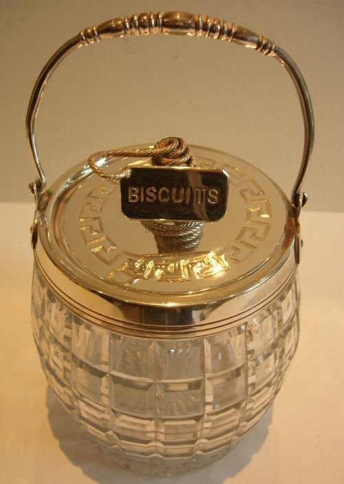 Antique English Glass & Silver Plate "Biscuits" Barrel or Box C.1900