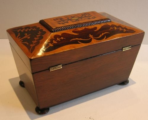 fig 1. Antique English Inlaid Rosewood & Burl Maple Tea Caddy c.1830