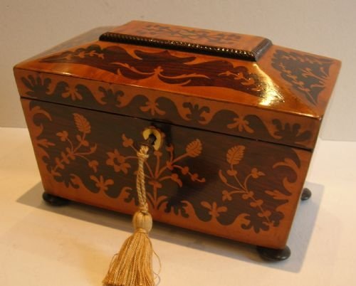 Antique English Inlaid Rosewood & Burl Maple Tea Caddy C.1830