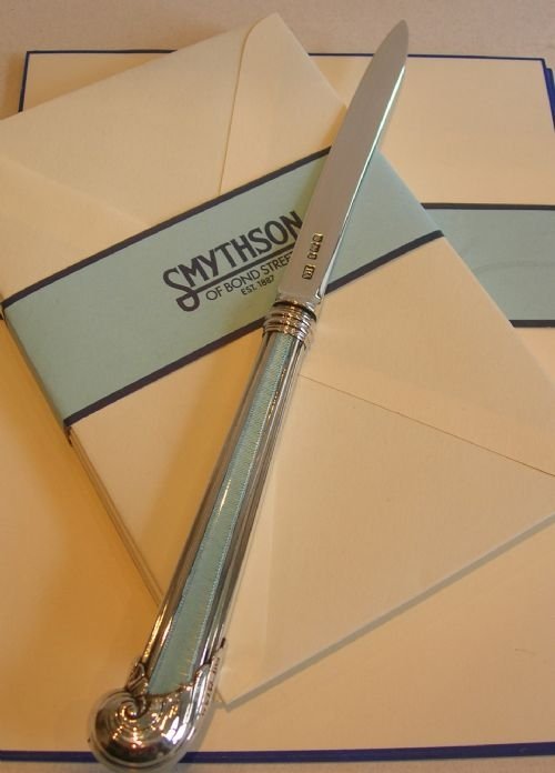 Stunning Antique Sterling Silver and Blue Guilloche Enamel Letter Opener